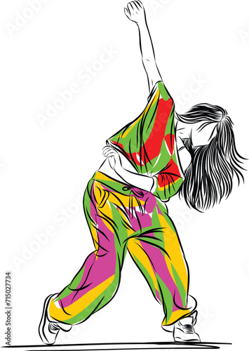 Dancer perform hiphop. Performer in freestyle street dance. Young woman jumping in hip hop pose photo