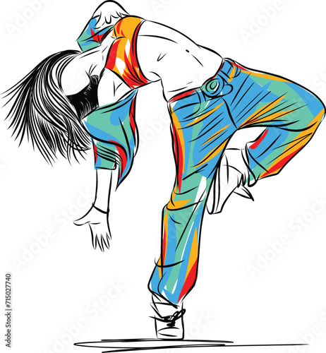 Dancer perform hiphop. Performer in freestyle street dance. Young woman jumping in hip hop pose
