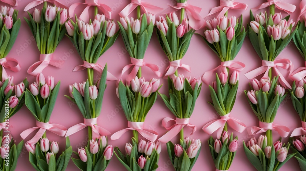 Pink tulips in spring, a spring backdrop with flowers