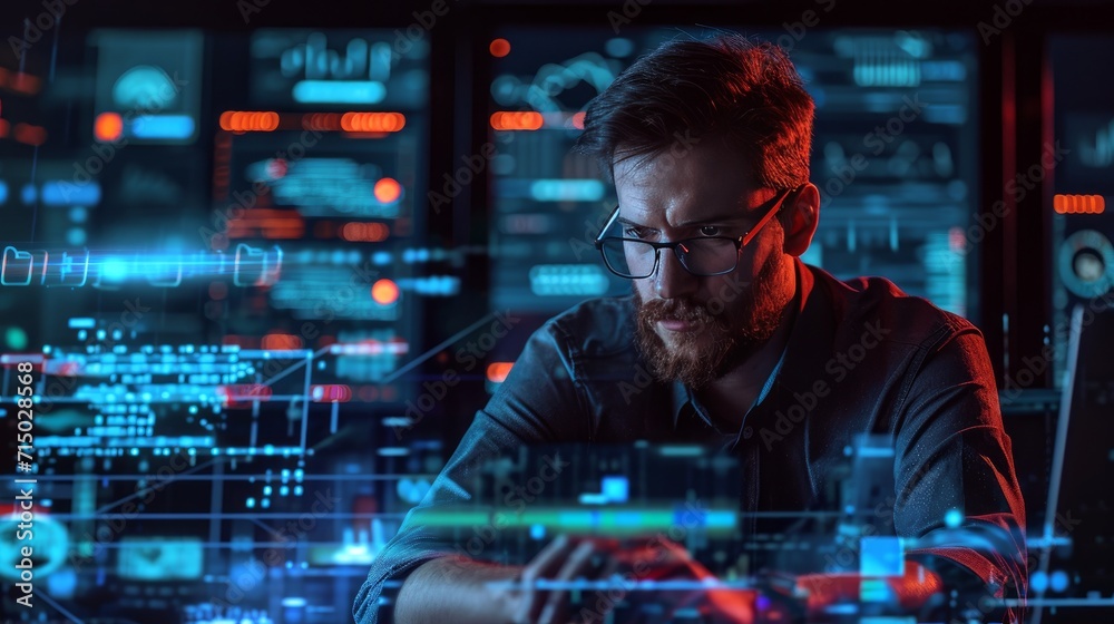 Programming coding and man with focus, hologram and trading with cyber ...