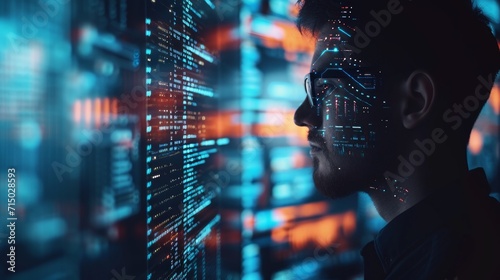 Programming coding and man with focus, hologram and trading with cyber security, futuristic and research. Male person, investor and employee with data analysis, server or investment with website info  photo