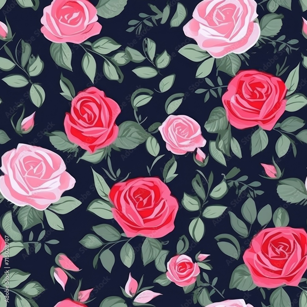 seamless pattern of roses on a black background in watercolor