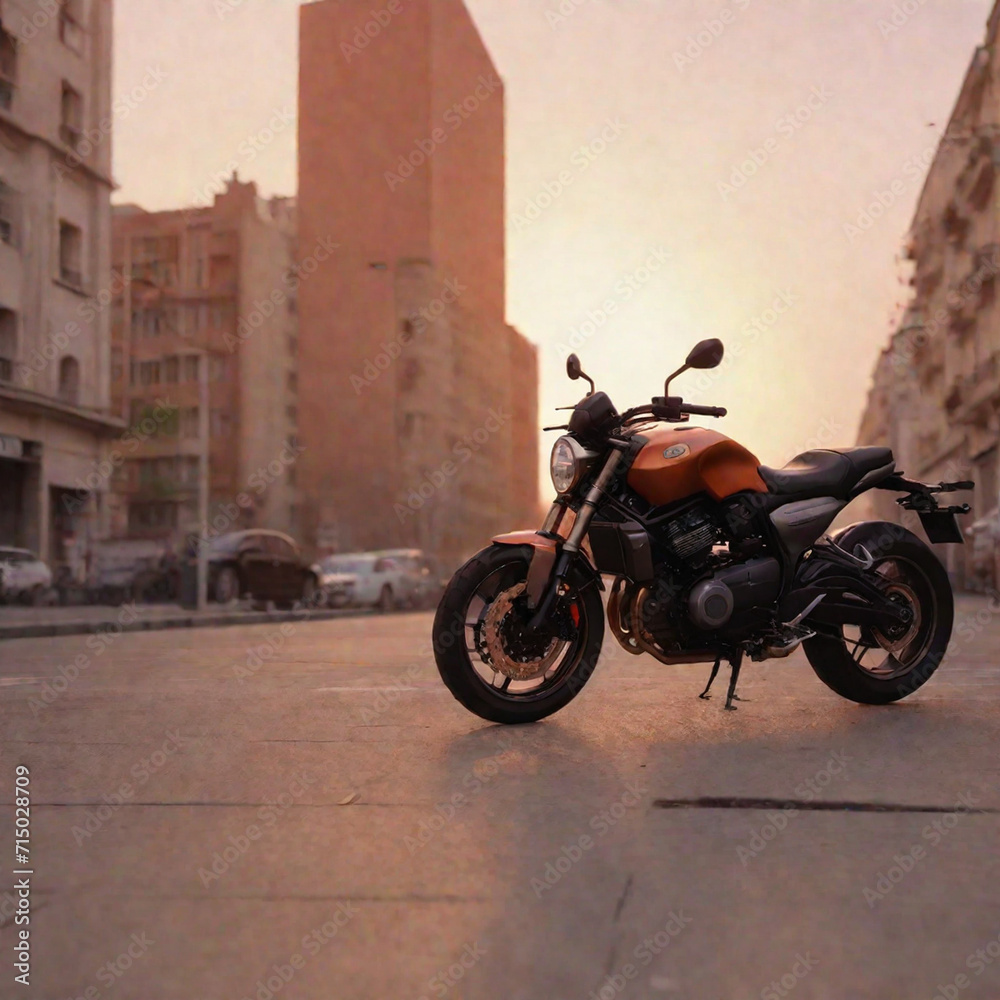 Mockup of a motorbike standing in the city sunset