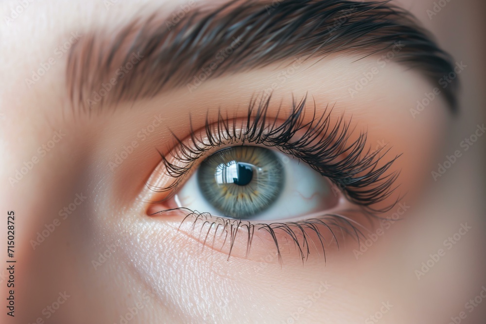 close up detail of a womans eye with eye lash extensions, beauty salon ad