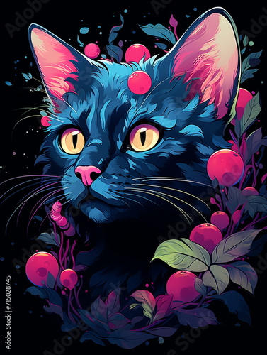 T-shirt design, a blue cat with an apple on its head, channeling the vibes of kawaiipunk created with Generative Ai photo