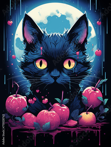 T-shirt design, a blue cat with an apple on its head, channeling the vibes of kawaiipunk created with Generative Ai photo