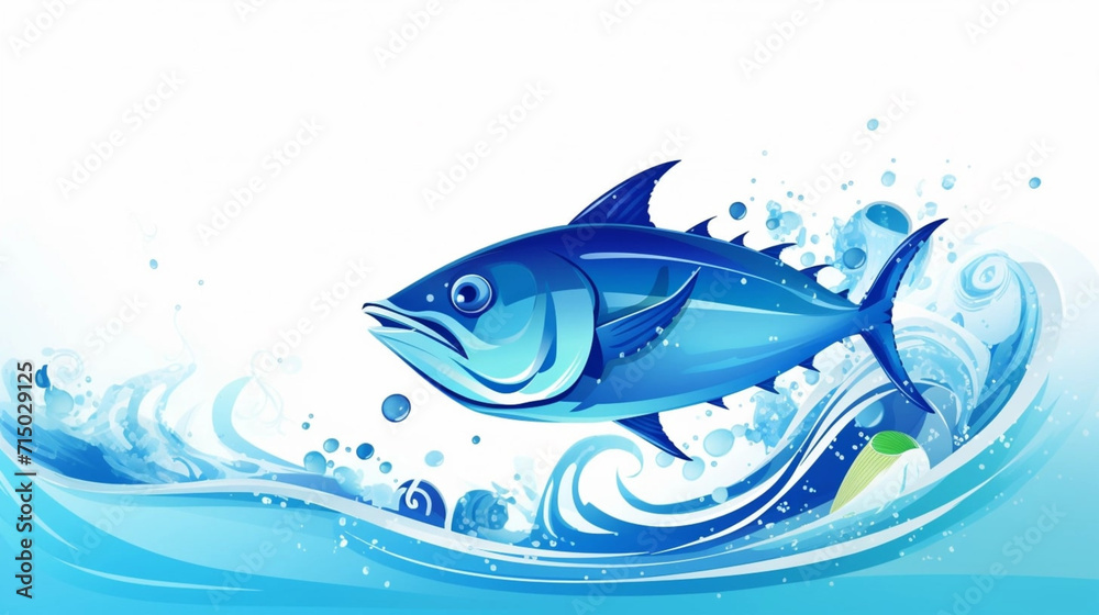 Fototapeta premium copy space, flat vector illustration, World tuna day, color illustration with the image of fish on waves in the water. Illustration for awareness of overfishing tuna and tuna-like species.