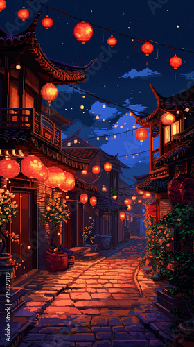Pixel Art Chinese Lantern-lit Night Street