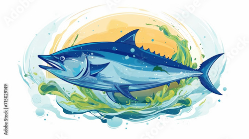 copy space, flat vector illustration, World tuna day, color illustration with the image of fish on waves in the water. Illustration for awareness of overfishing tuna and tuna-like species.