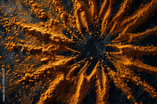 Dynamic Explosion of Turmeric Powder on Dark Surface, High Contrast Abstract