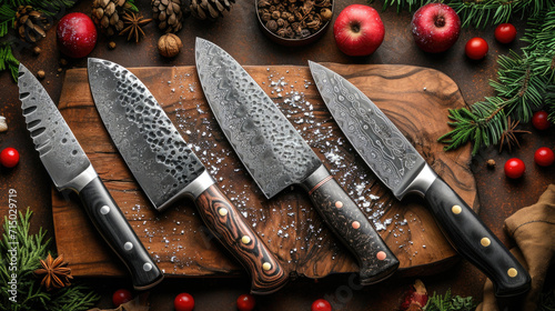 Top view of Damascus steel kitchen Knives on a wooden board