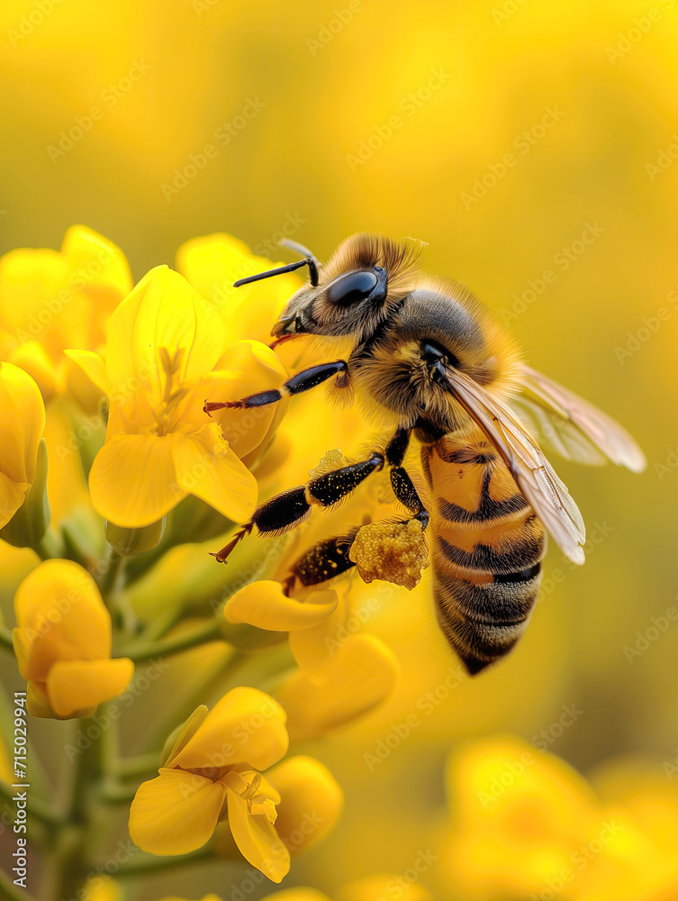 vertical close up of Busy Bee Collecting Pollen on Bright Yellow Wildflowers vertical close up of Busy Bee Collecting Pollen on Bright Yellow Wildflowers