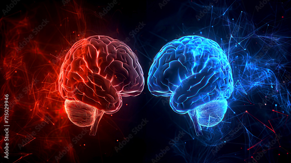 Dual Brain Concept with Blue and Red Neural Networks Highlighting Cognitive Function Dual Brain Concept with Blue and Red Neural Networks Highlighting Cognitive Function