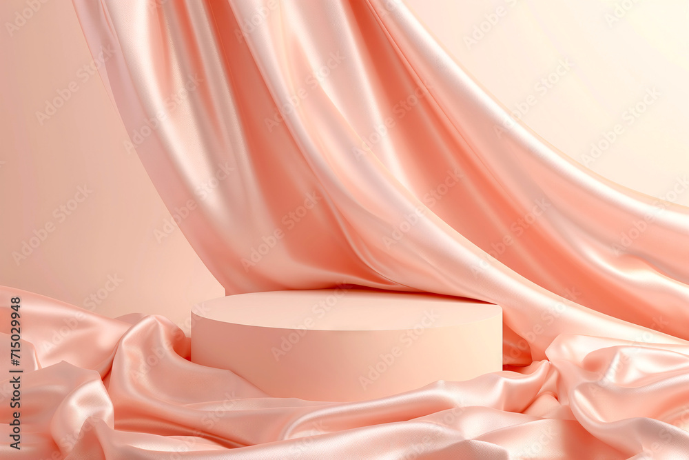 Elegant Satin Fabric Background in Pastel peach Pink tones Product Podium for Luxury Display. Cosmetic or beauty product promotion Elegant Satin Fabric Background in Pastel peach Pink tones Product Podium for Luxury Display. Cosmetic or beauty product promotion