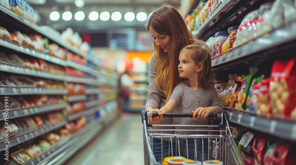 Young beautiful mother holding pushing shopping cart with her child in supermarket. Girl is choosing daily milk product picking up from shelf with her mother beside. Shopping for healthy. - obrazy, fototapety, plakaty 