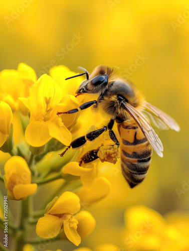 vertical close up of Busy Bee Collecting Pollen on Bright Yellow Wildflowers