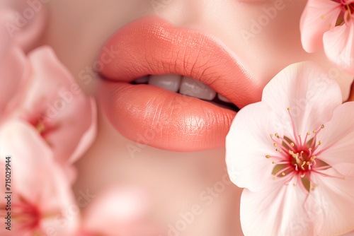 Close-up of Natural Pink, peach color Lips and Blooming Cherry Blossoms for Beauty Concept