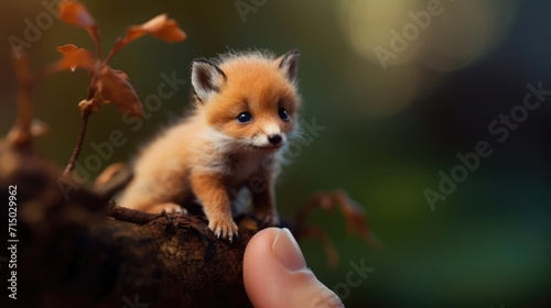 A tiny fox sitting on the tip of the finger, macro shot, miniaturecore, natural phenomena