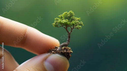 A tiny tree sitting on the tip of the finger, macro shot, miniaturecore, natural phenomena