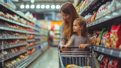 Young beautiful mother holding pushing shopping cart with her child in supermarket. Girl is choosing daily milk product picking up from shelf with her mother beside. Shopping for healthy. photo