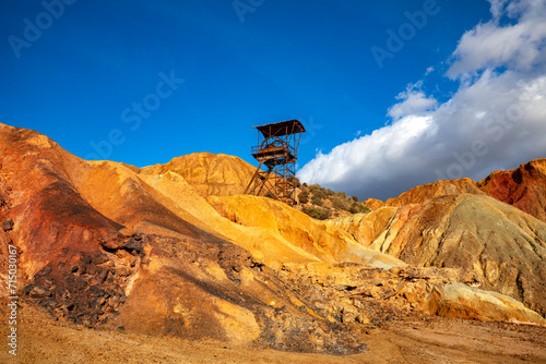 View of the Mazarrón mines with their extraction well and lands of various colors due to their minerals. Murcia Region, Spain