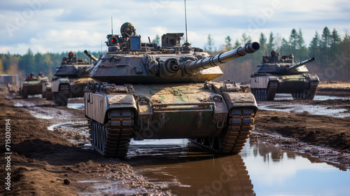  Group of main battle tanks. A convoy of military vehicles travel