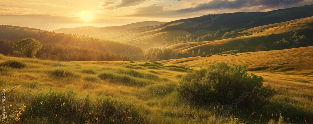Fototapeta premium Beautiful panoramic landscape of a green hills at sunset - AI Generated