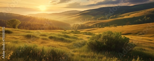 Beautiful panoramic landscape of a green hills at sunset - AI Generated
