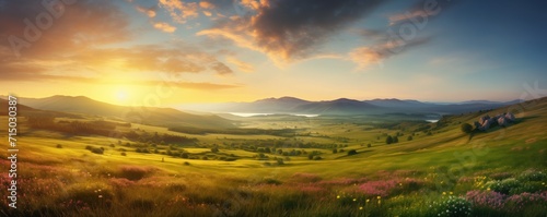 Beautiful panoramic landscape of a green hills at sunset - AI Generated