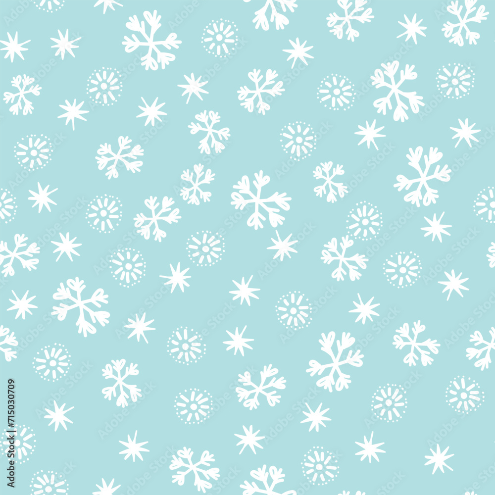 Winter seamless pattern with white snowflakes on color background. Vector illustration for fabric, textile wallpaper, posters, gift wrapping paper. Christmas vector illustration. Falling snow Winter seamless pattern with white snowflakes on color background. Vector illustration for fabric, textile wallpaper, posters, gift wrapping paper. Christmas vector illustration. Falling snow