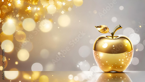 Golden apple on silver gold shiny bokeh background with copy space.Generative AI
