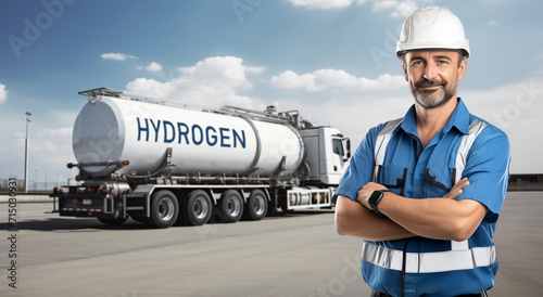 Driver in a front of truck with hydrogen tank trailer