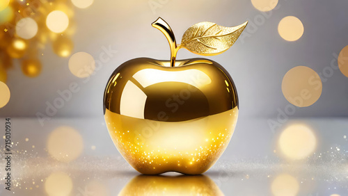 Golden apple on shiny bokeh background.Generative AI photo