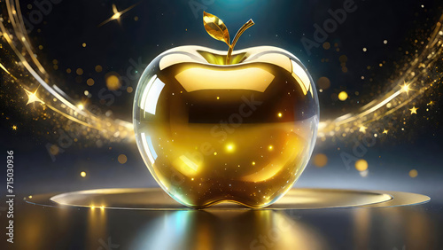 Golden apple on a dark glittering background.
Generative AI
 photo