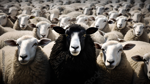 black sheep within herd of white sheep