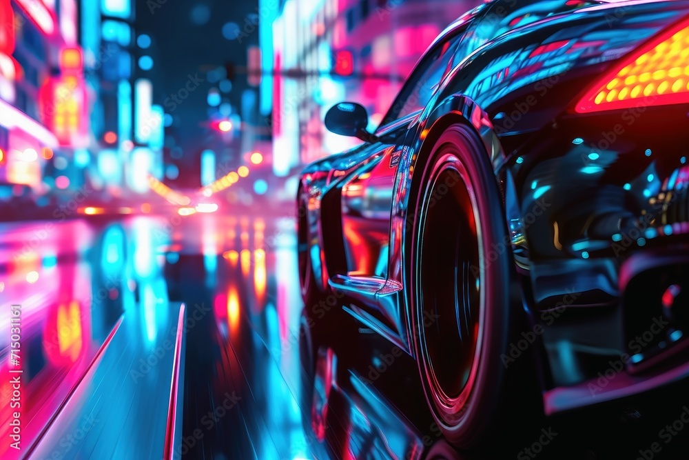 A fast car in a futuristic neon light city.