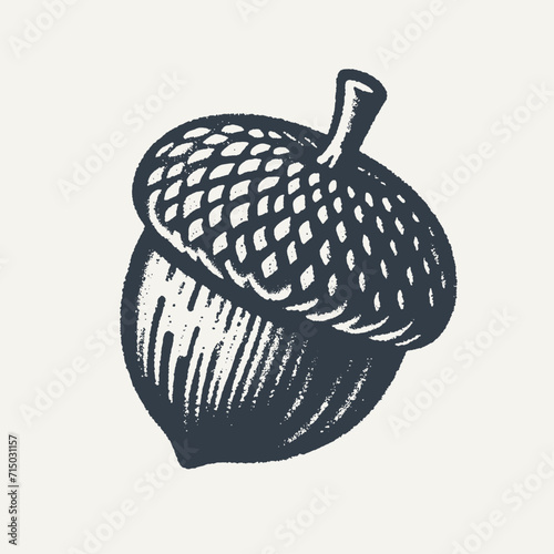 Oak Acorn. Vintage block print style grunge effect vector illustration. Black and white.