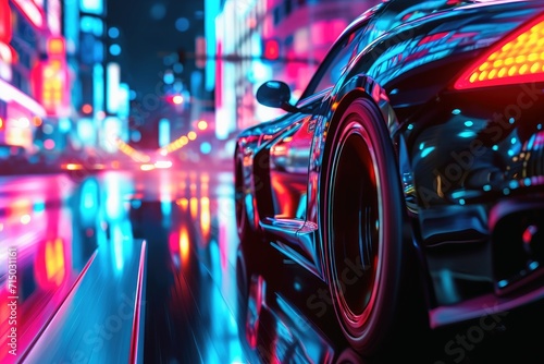 A fast car in a futuristic neon light city. © Nicole