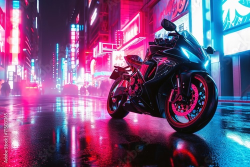 A fast motorcycle in a futuristic neon light city.