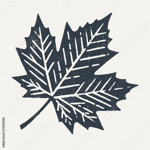 Maple leaf. Vintage block print style grunge effect vector illustration. Black and white.