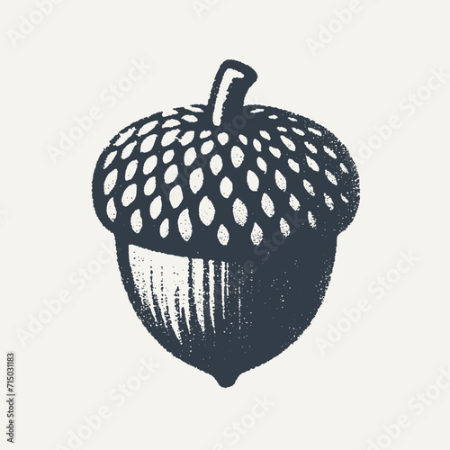 Oak Acorn. Vintage block print style grunge effect vector illustration. Black and white.