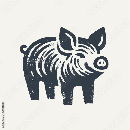 Pig. Vintage block print style grunge effect vector illustration. Black and white.