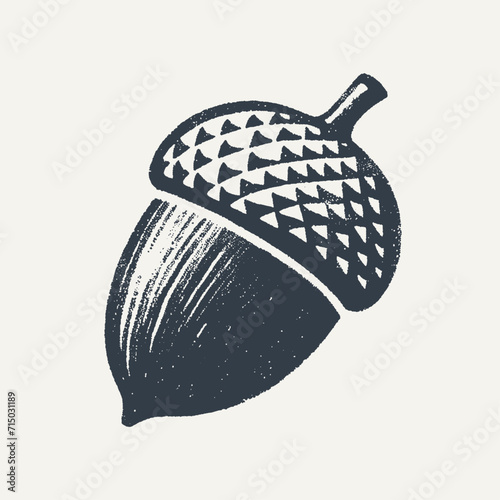 Oak Acorn. Vintage block print style grunge effect vector illustration. Black and white.