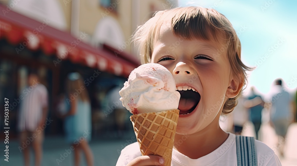 Portrait of a smiling child with ice cream. A small, happy boy enjoys eating ice cream outside in the summer. Portrait of a smiling child with ice cream. A small, happy boy enjoys eating ice cream outside in the summer.