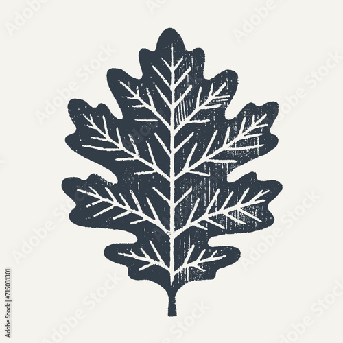 Oak leaf. Vintage block print style grunge effect vector illustration. Black and white.