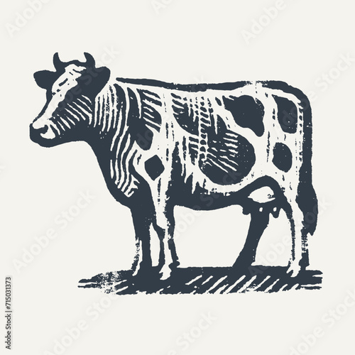 Cow. Vintage block print style grunge effect vector illustration. Black and white.