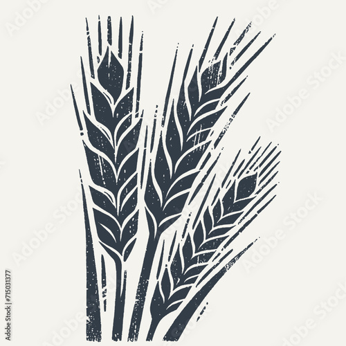Wheat ears. Vintage block print style grunge effect vector illustration. Black and white.