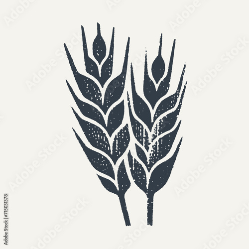 Wheat ears. Vintage block print style grunge effect vector illustration. Black and white.