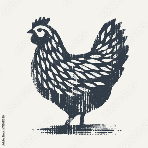 Chicken. Vintage block print style grunge effect vector illustration. Black and white.
