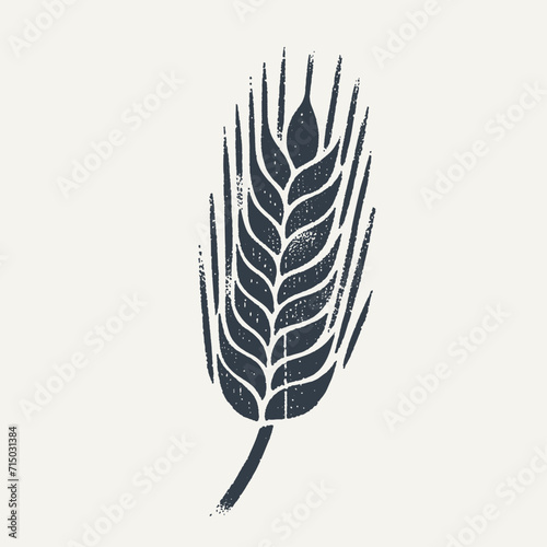 Wheat ear. Vintage block print style grunge effect vector illustration. Black and white.